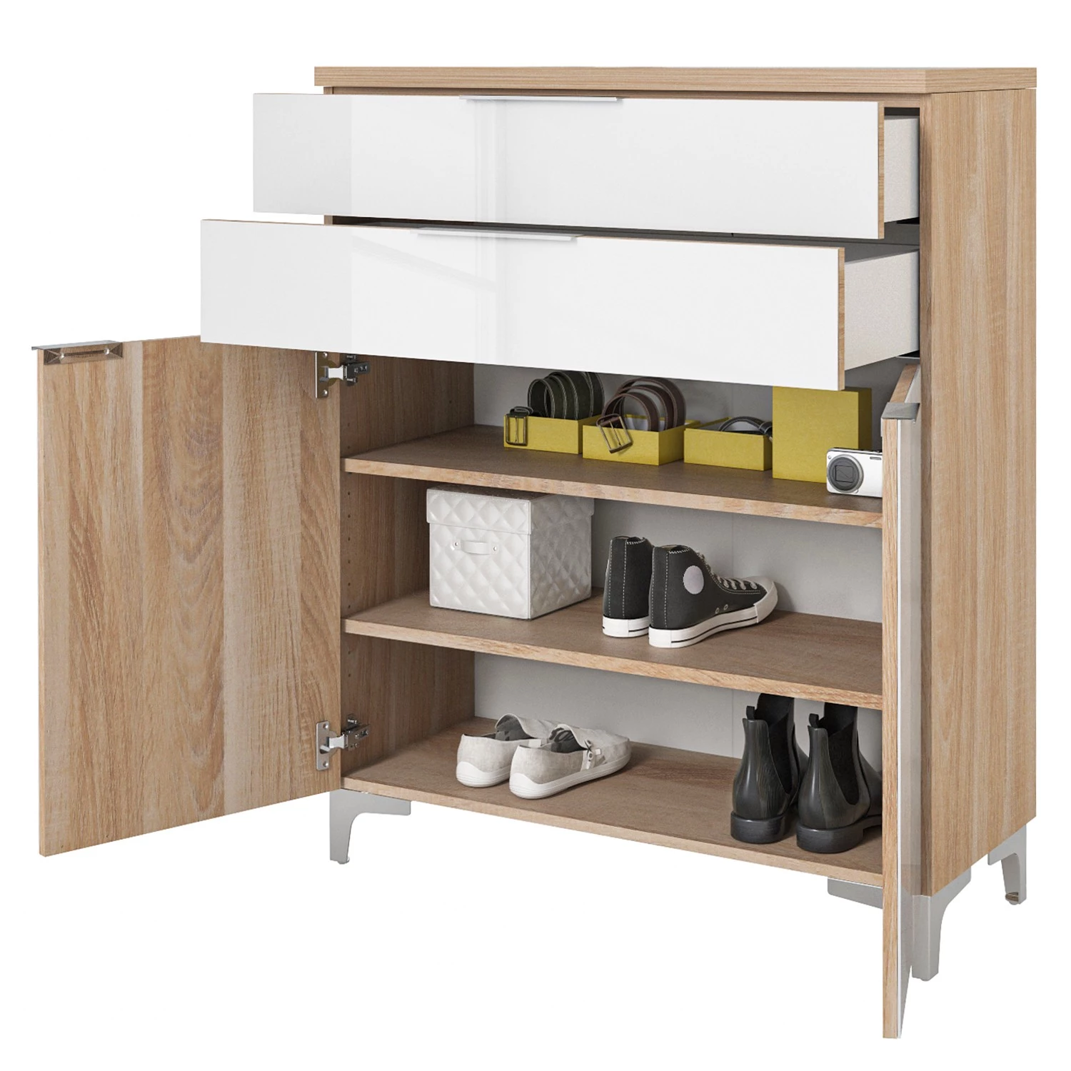 Maja Möbel Meuble à chaussures Shino III - Verre - Blanc / Imitation chêne 3 Maja Möbel Meuble à chaussures Shino III - Verre - Blanc / Imitation chêne – Image 3