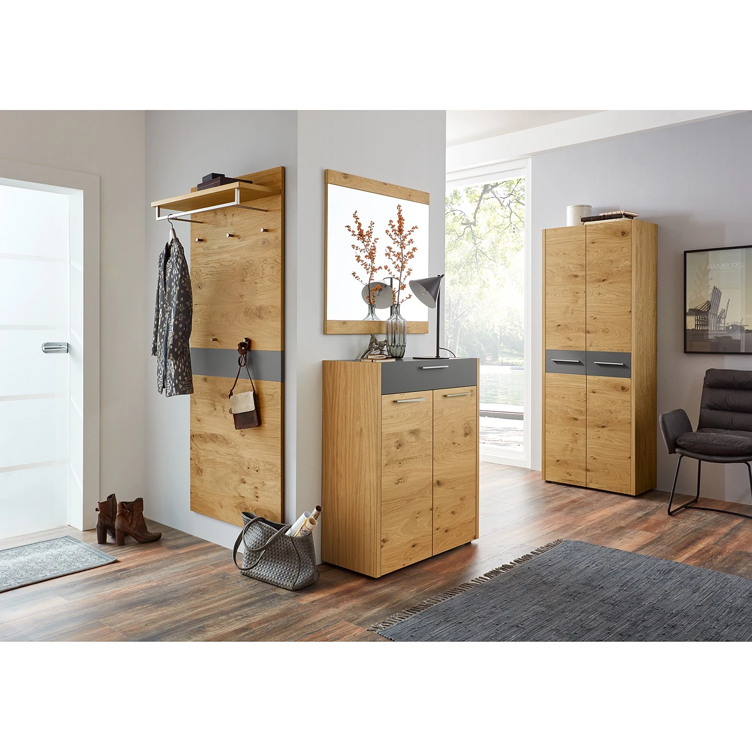 Voss Meuble à chaussures Levio III - Placage en bois véritable - Chêne - Gris 2 Voss Meuble à chaussures Levio III - Placage en bois véritable - Chêne - Gris – Image 2