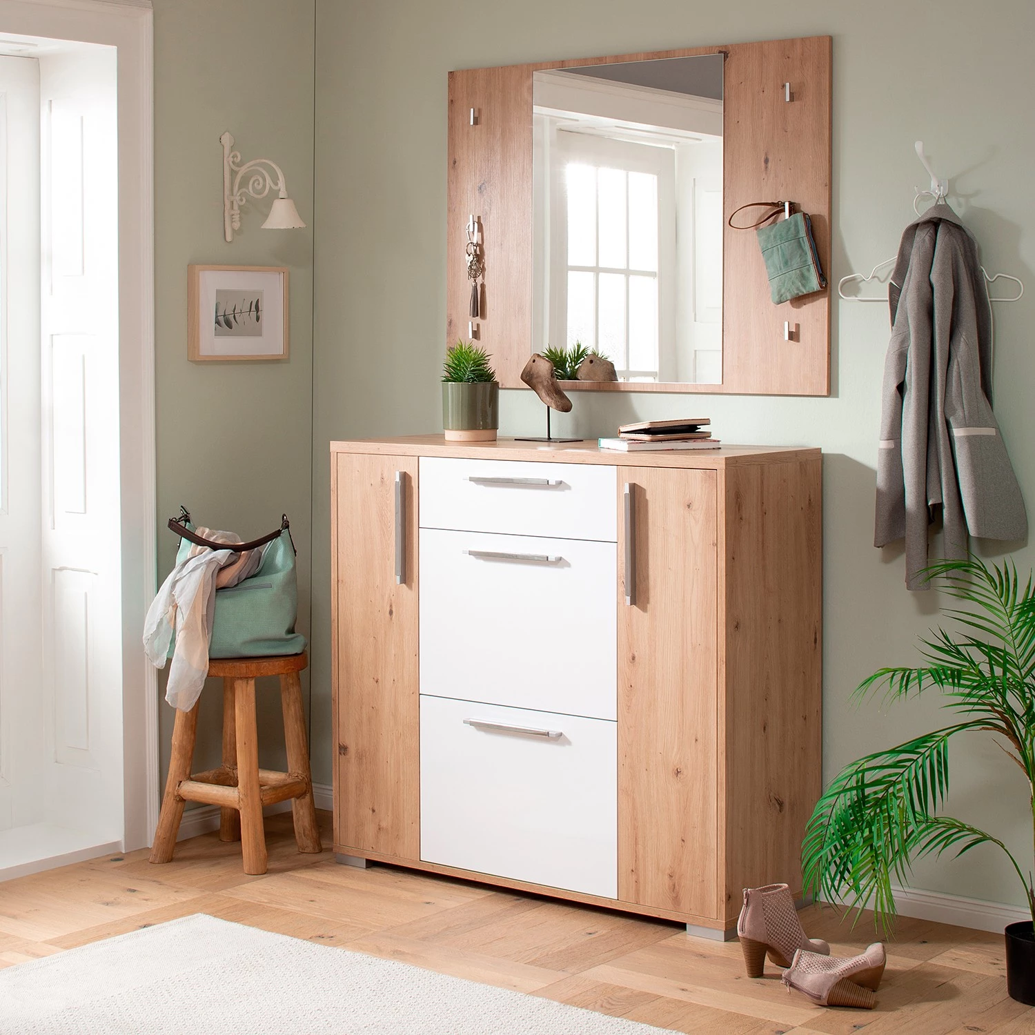 Maja Möbel Meuble à chaussures Vendo II - Blanc brillant / Imitation chêne à nœuds 2 Maja Möbel Meuble à chaussures Vendo II - Blanc brillant / Imitation chêne à nœuds – Image 2