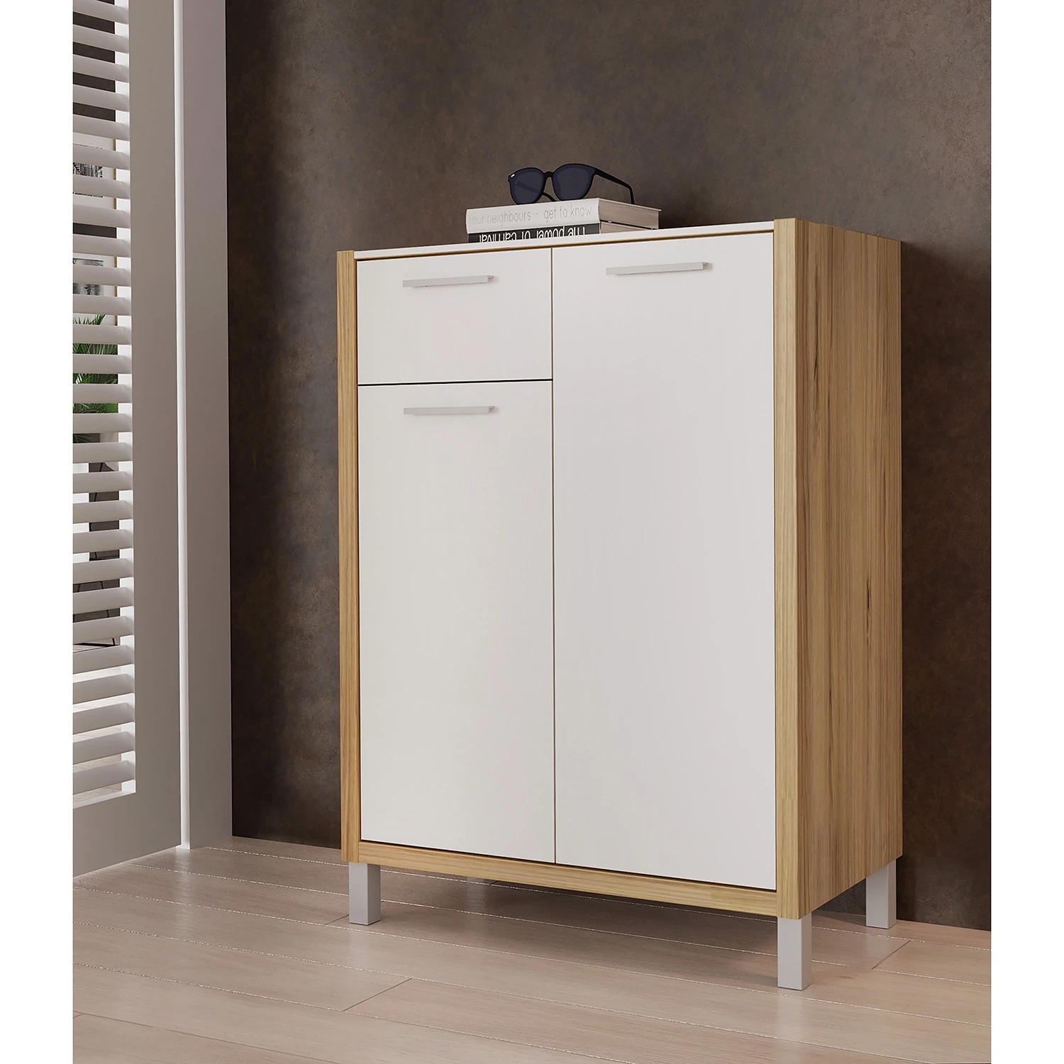 Norrwood Meuble à chaussures Boyd - Blanc / Imitation chêne 2 Norrwood Meuble à chaussures Boyd - Blanc / Imitation chêne – Image 2
