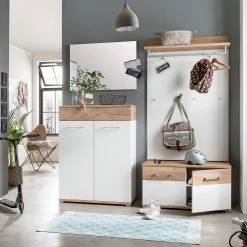 Germania Meuble à chaussures Nerola - Blanc / Imitation chêne de Navarre -Vestiaires Soldes schuhbank nerola weiss eiche dekor 4245024